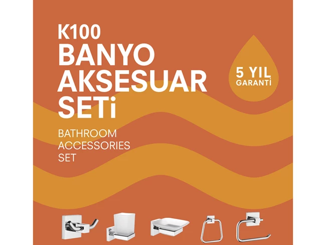 K100 Aksesuar Seti (Havluluk+Diş Fırçalık+Sabunluk+Havlu Askısı+Tuvalet Kağıtlığı)