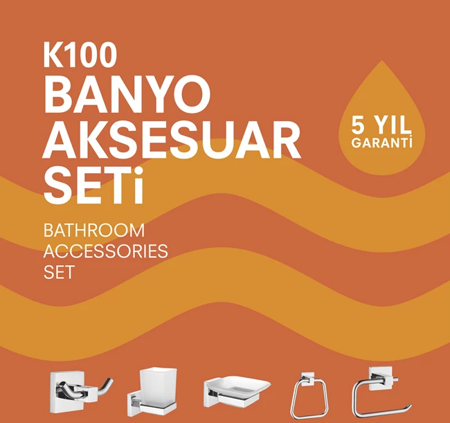 K100 Aksesuar Seti (Havluluk+Diş Fırçalık+Sabunluk+Havlu Askısı+Tuvalet Kağıtlığı)