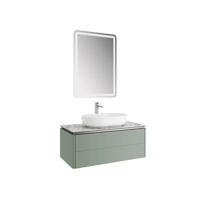Lotus Set Mat Adaçayı Yeşili/Palissandro 100 Cm (Beyaz Oval Çanak Lavabo + Lavabo Dolabı + Ayna)