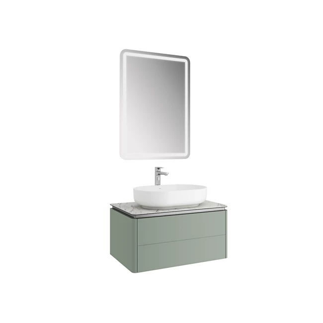 Lotus Set Mat Adaçayı Yeşili/Palissandro 80 Cm (Beyaz Oval Çanak Lavabo + Lavabo Dolabı + Ayna)