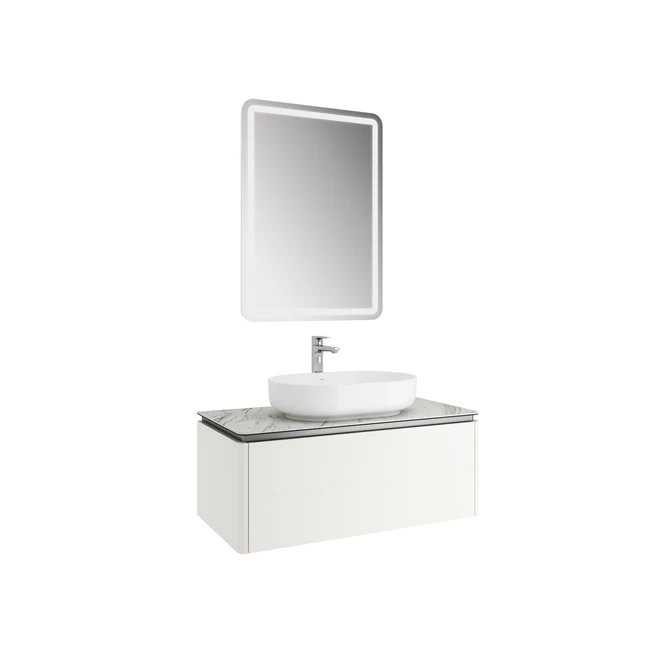 Lotus Set Mat Beyaz/Pallisandro 100 Cm (Beyaz Oval Çanak Lavabo + Lavabo Dolabı + Ayna)