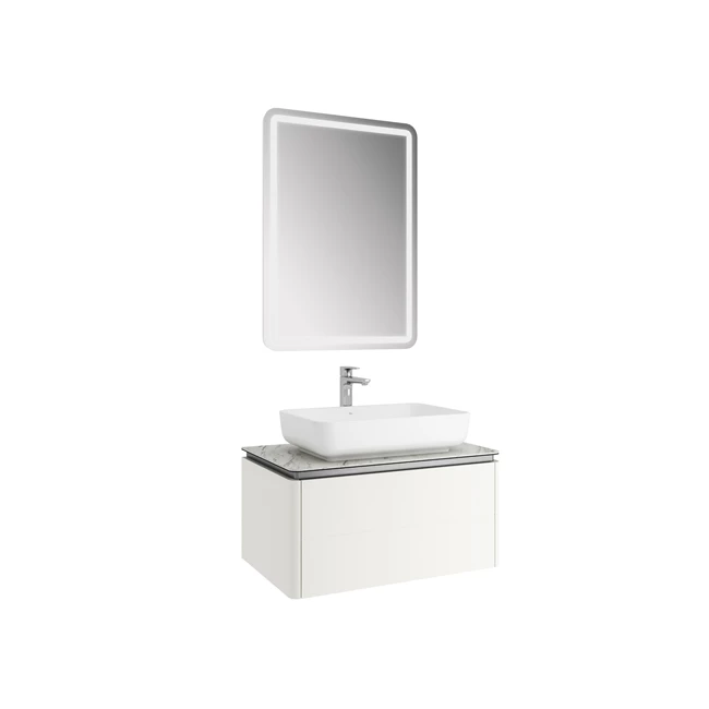 Lotus Set Mat Beyaz/Pallisandro 80 Cm (Beyaz Dikdörtgen Çanak Lavabo + Lavabo Dolabı + Ayna)