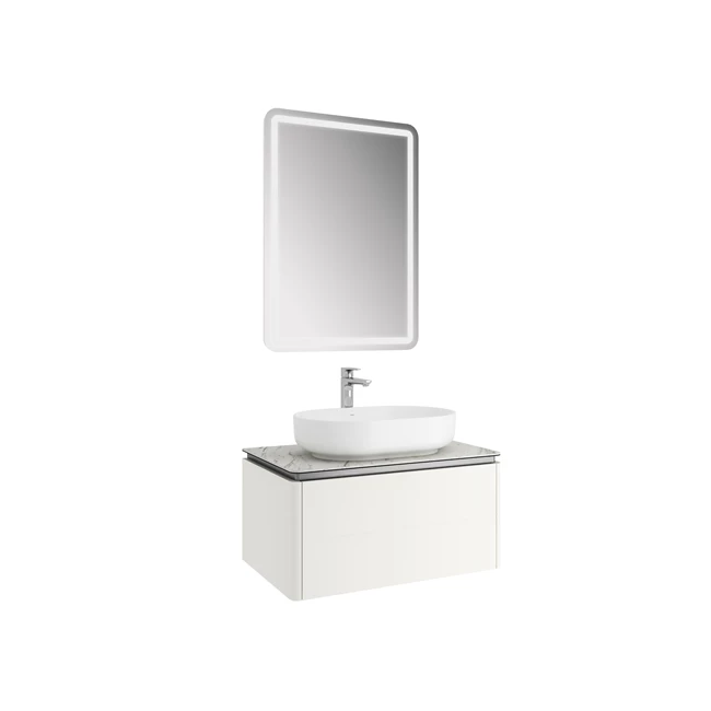 Lotus Set Mat Beyaz/Pallisandro 80 Cm (Beyaz Oval Çanak Lavabo + Lavabo Dolabı + Ayna)