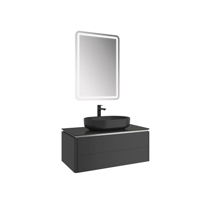 Lotus Set Matte Black/Anthracite 100 Cm (Black Oval Bowl Washbasin + Washbasin Cabinet + Mirror)