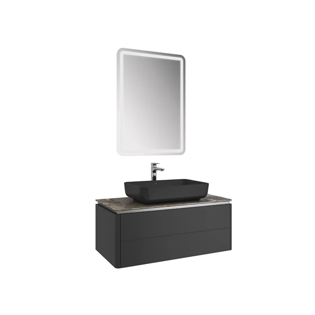Lotus Set Matte Black/Asteroid 100 Cm (Black Rectangular Bowl Washbasin + Washbasin Cabinet + Mirror)