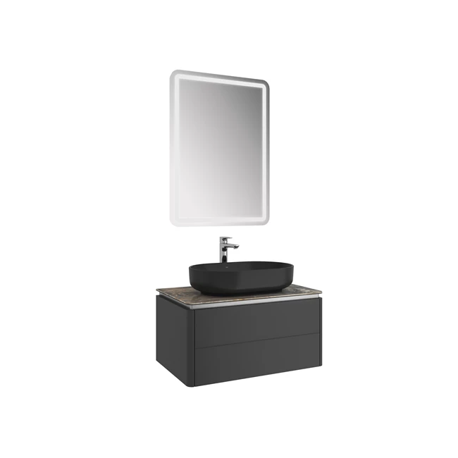 Lotus Set Matte Black/Asteroid 80 Cm (Black Oval Bowl Washbasin + Washbasin Cabinet + Mirror)