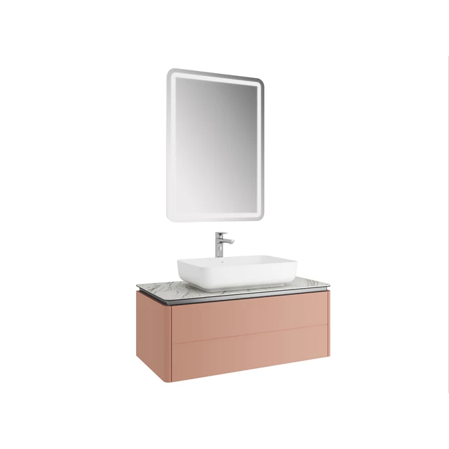 Lotus Set Matte Peach/Pallisandro 100 Cm (White Rectangular Bowl Washbasin + Washbasin Cabinet + Mirror)
