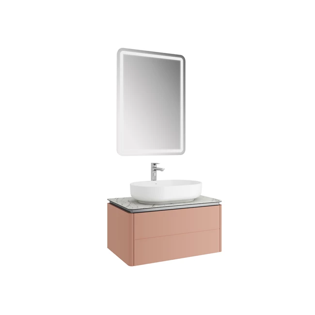 Lotus Set Matte Peach/Pallisandro 80 Cm (White Oval Bowl Washbasin + Washbasin Cabinet + Mirror)