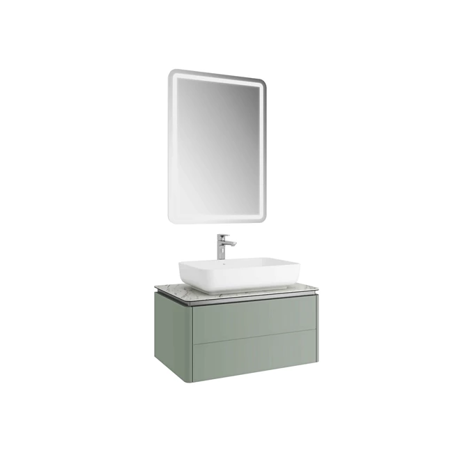 Lotus Set Matte Sage Green/Pallisandro 80 Cm (White Rectangular Bowl Washbasin + Washbasin Cabinet + Mirror)