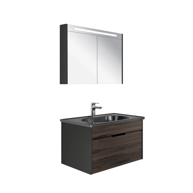 Motion Set Anthracite/Walnut (Glossy Black Washbasin + Washbasin Cabinet + Illuminated Mirror Cabinet) 80 Cm