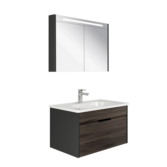 Motion Set Anthracite/Walnut (Glossy White Washbasin + Washbasin Cabinet + Illuminated Mirror Cabinet) 80 Cm