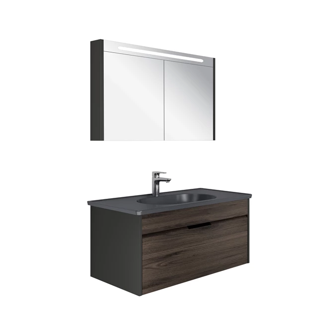 Motion Set Anthracite/Walnut (Matte Anthracite Washbasin + Washbasin Cabinet + Illuminated Mirror Cabinet) 100 Cm