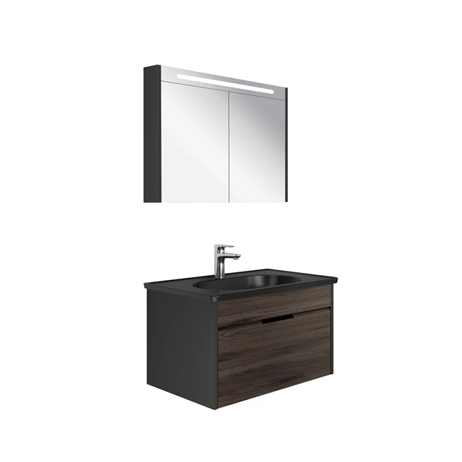 Motion Set Anthracite/Walnut (Matte Black Washbasin + Washbasin Cabinet + Illuminated Mirror Cabinet) 80 Cm