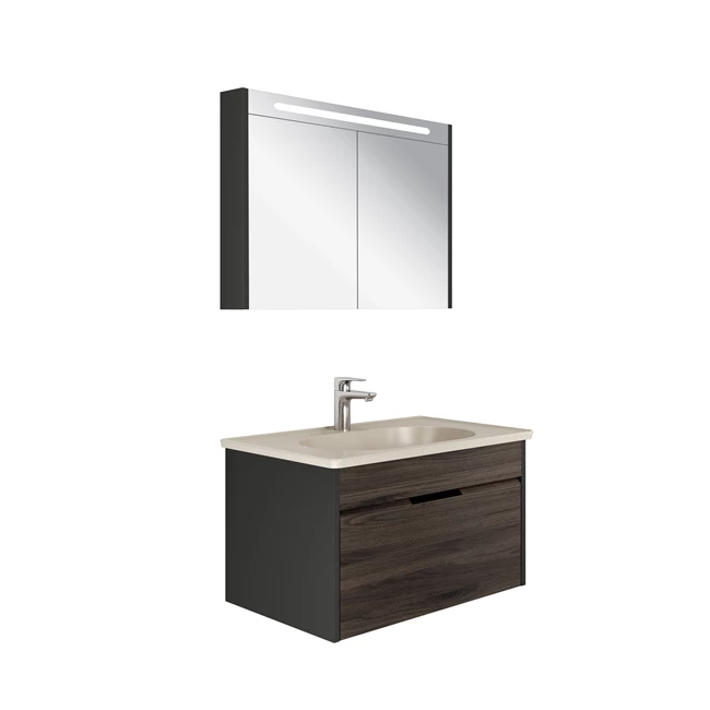 Motion Set Anthracite/Walnut (Matte Mink Washbasin + Washbasin Cabinet + Illuminated Mirror Cabinet) 80 Cm