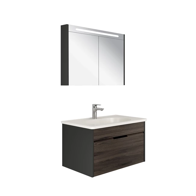 Motion Set Anthracite/Walnut (Matte Pearl Washbasin + Washbasin Cabinet + Illuminated Mirror Cabinet) 80 Cm