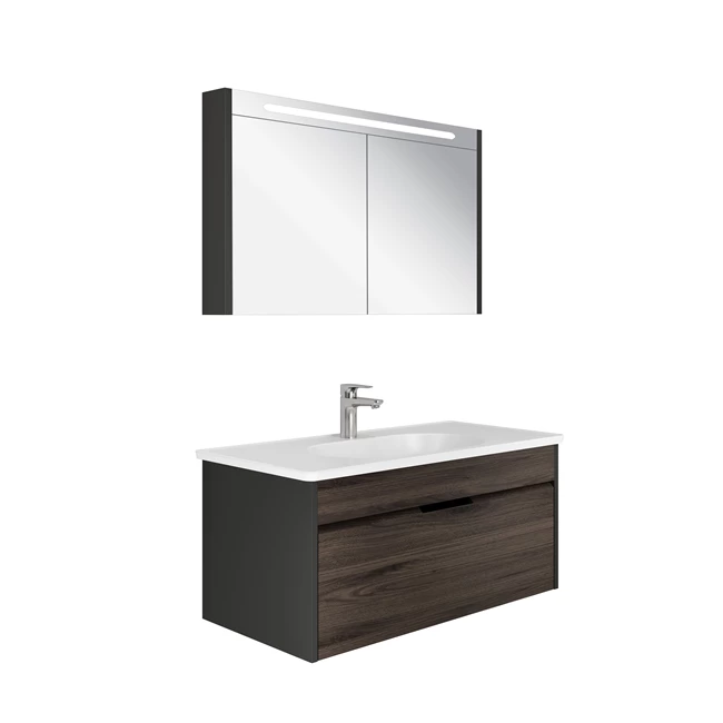 Motion Set Anthracite/Walnut (Matte White Washbasin + Washbasin Cabinet + Illuminated Mirror Cabinet) 100 Cm