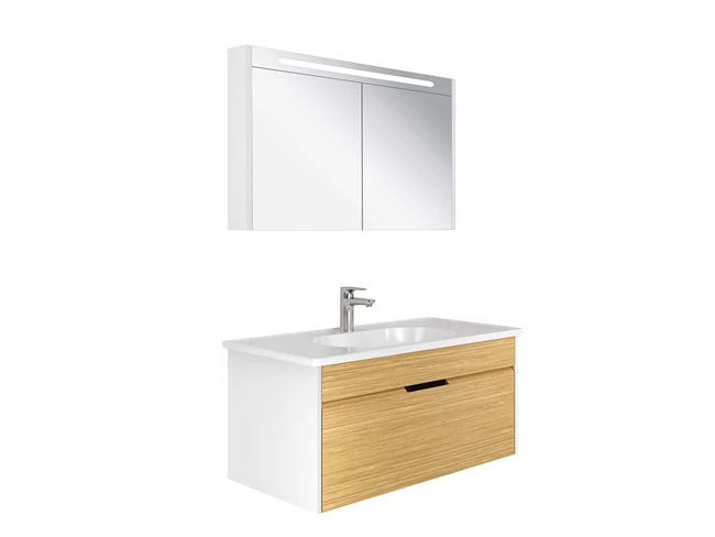 Motion Set White/Oak (Glossy White Washbasin + Washbasin Cabinet + Illuminated Mirror Cabinet) 100 Cm