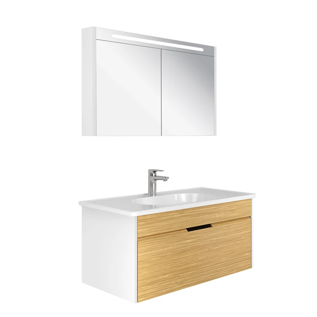 Motion Set White/Oak (Glossy White Washbasin + Washbasin Cabinet + Illuminated Mirror Cabinet) 100 Cm
