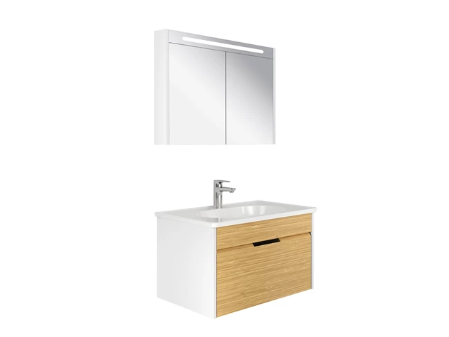 Motion Set White/Oak (Glossy White Washbasin + Washbasin Cabinet + Illuminated Mirror Cabinet) 80 Cm
