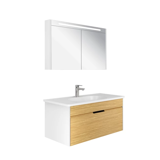 Motion Set White/Oak (Matte White Washbasin + Washbasin Cabinet + Illuminated Mirror Cabinet) 100 Cm