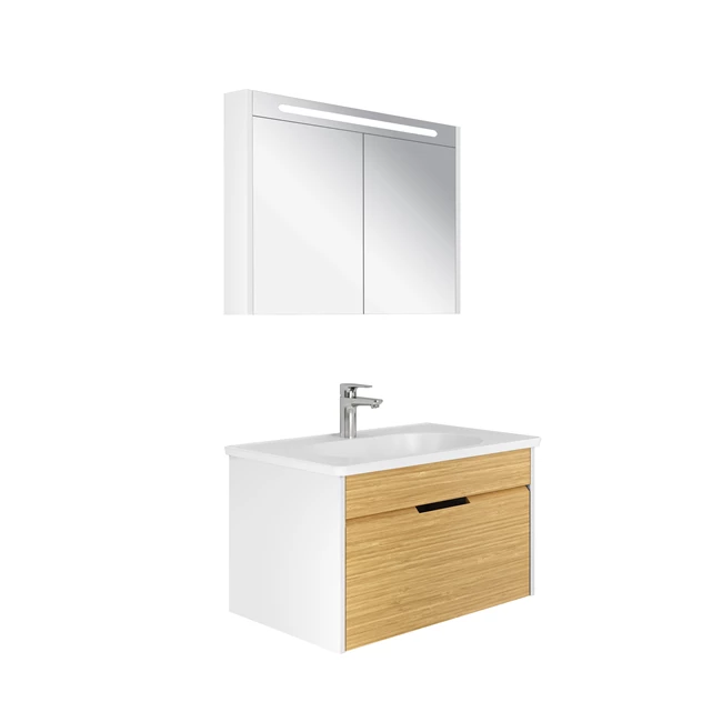 Motion Set White/Oak (Matte White Washbasin + Washbasin Cabinet + Illuminated Mirror Cabinet) 80 Cm