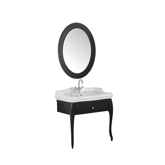 Victorian Set Glossy Anthracite 90 cm (Washbasin With Single Hole + Wahbasin Cabinet + Illuminated Mirror)