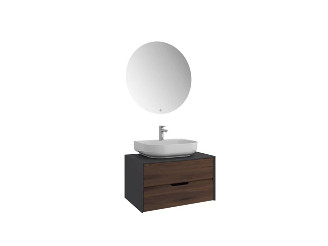 Zero 2.0 Washbasin Cabinet Set Anthracite/Walnut Oval Glossy White Countertop Washbasin 80 Cm
