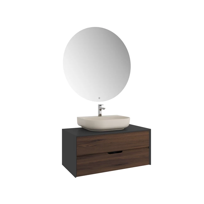 Zero 2.0 Washbasin Cabinet Set Anthracite/Walnut Oval Matte Mink Countertop Washbasin 100 Cm