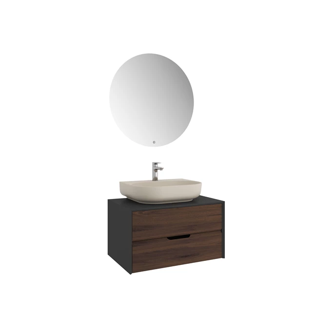 Zero 2.0 Washbasin Cabinet Set Anthracite/Walnut Oval Matte Mink Countertop Washbasin 80 Cm