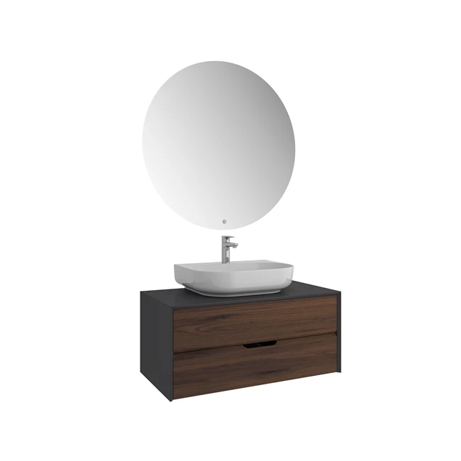 Zero 2.0 Washbasin Cabinet Set Anthracite/Walnut Oval Glossy White Countertop Washbasin 100 Cm