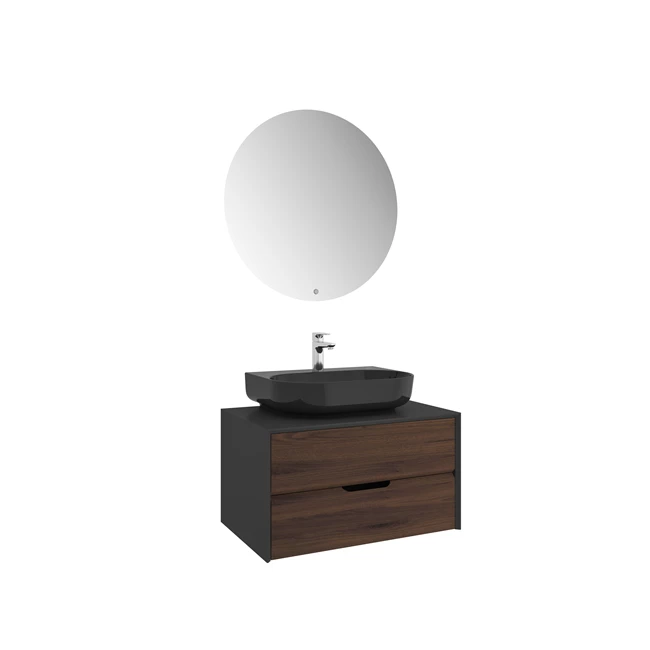 Zero 2.0 Washbasin Cabinet Set Anthracite/Walnut Oval Glossy Black Countertop Washbasin 80 Cm